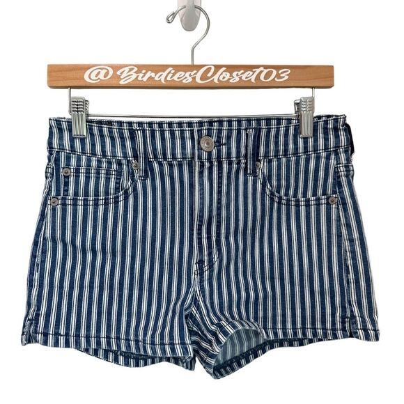 American Eagle Blue Pinstriped High Rise Jean Shortie Festival Size 8 - Picture 1 of 5